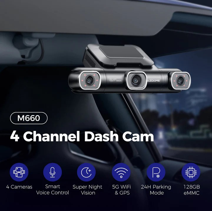Azdome DashCam M660 4K 3CH or 4CH ULTRA HD with Smart Voice Control 128GB eMMC 24H Parking Mode أزدوم داش كام 4K M660 - أحدث إصدار داش كام 4 كاميرات 360 درجة