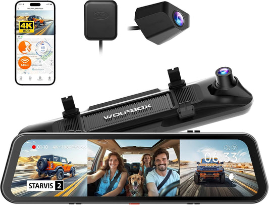 WOLFBOX G900 Tripro Cabin Version 2 Channel 4K Rear View Mirror Camera, STARVIS 2 IMX678 Night Vision,4K+1080P+2.5K Front Inside and Rear Mirror Dash Cam,5.8GHz WiFi,Voice Control