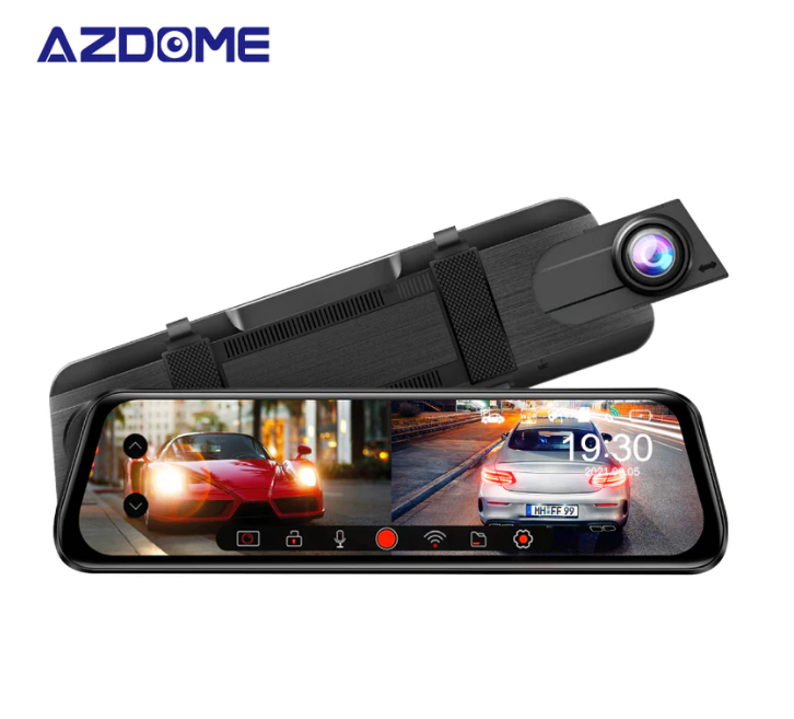 Azdome AR09 DashCam 2CH 4K + 1080P Mirror DashCam with 64GB SD Card - Best Night Vision and Wide Angle Dashcam داش كام ماركة ازدوم حجم الشاشه 9.6 انش کامیرا امامی (4K) فور كي خلفيه فل اتش دي مع (السعر 39 شامل ترکیب)