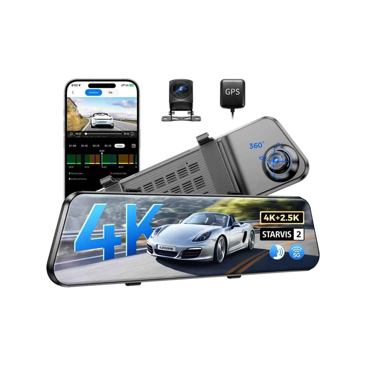 AZDOME PG17 PRO 2CH 4K+2.5K WITH SONY STARVIS2 LENS MIRROR DASH CAM 12" TOUCH SCREEN.