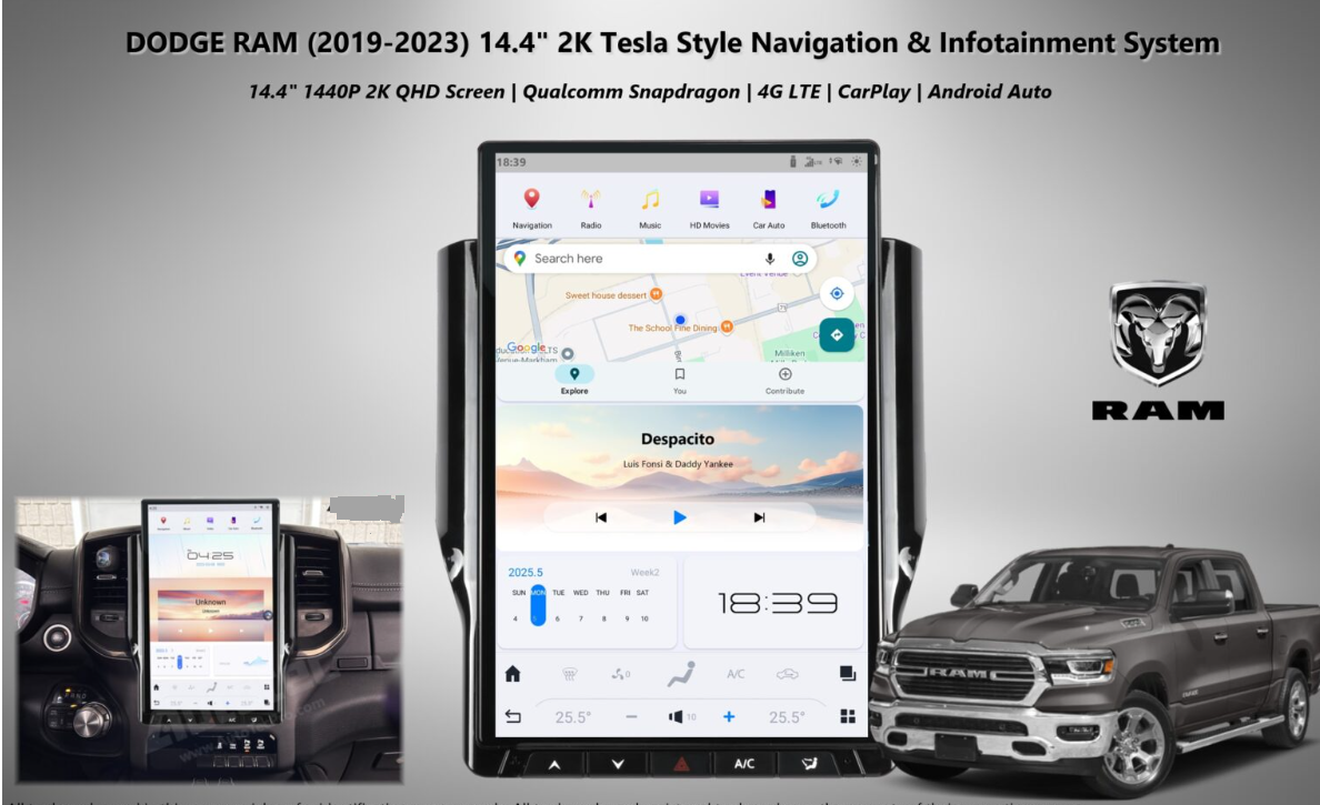 Dodge RAM (2019 – 2022) 8+128GB 14.4″ IPS QHD 2K Touch-Screen Android Navigation System | Android 13 | GPS | BT | Wifi | CarPlay | Android Auto | 4G LTE