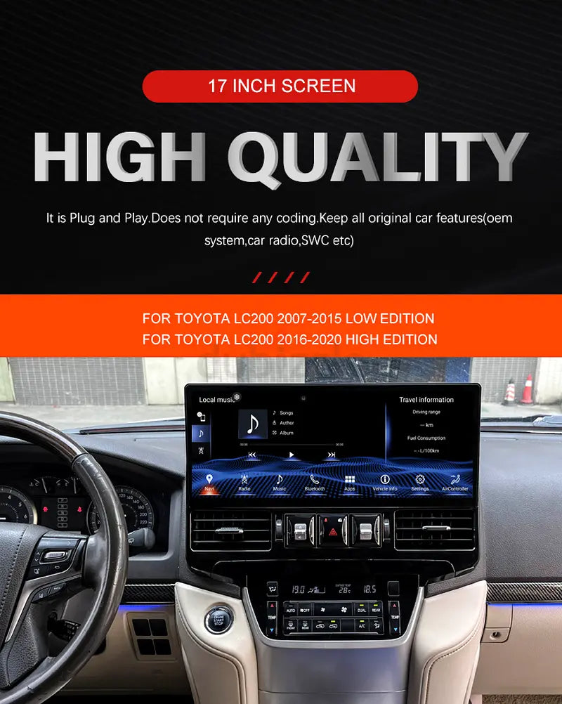 17 Inch Android Car Stereo for Toyota Land Cruiser LC200 2008–2020 GXR VXR | 6GB RAM 128GB ROM | Wireless Apple CarPlay & Android Auto | Touchscreen Navigation Head Unit