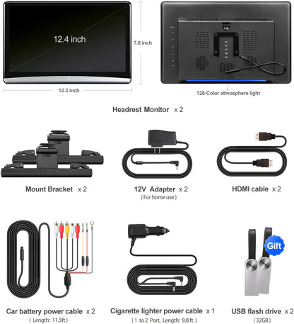 11.6”Android Car TV Headrest Monitor(Pair)(4.64),Car Rear Entertainment System A.C.