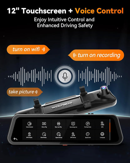 WOLFBOX G900 TRIPRO 4K+1080P+2.5K 3CH 12” MIRROR DASH CAM W/ SONY STARVIS 2 IMX678 & 5G WiFi