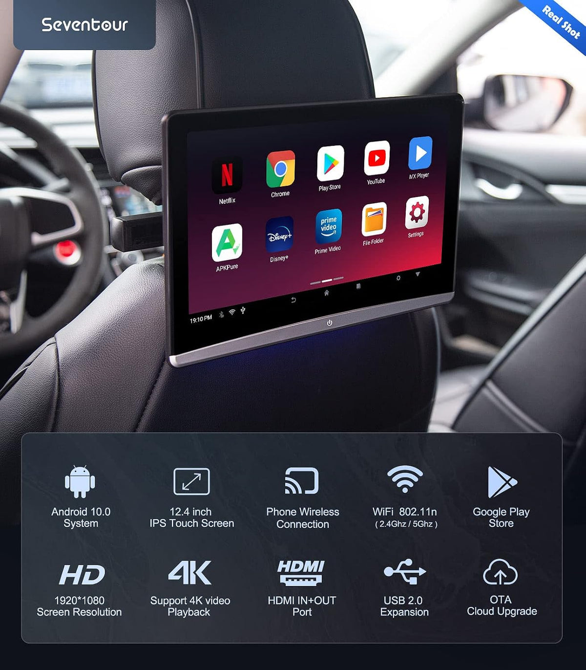 12.4”Android Headrest Monitor 4.64 GB, Car Back Seat Entertainment System(AC)