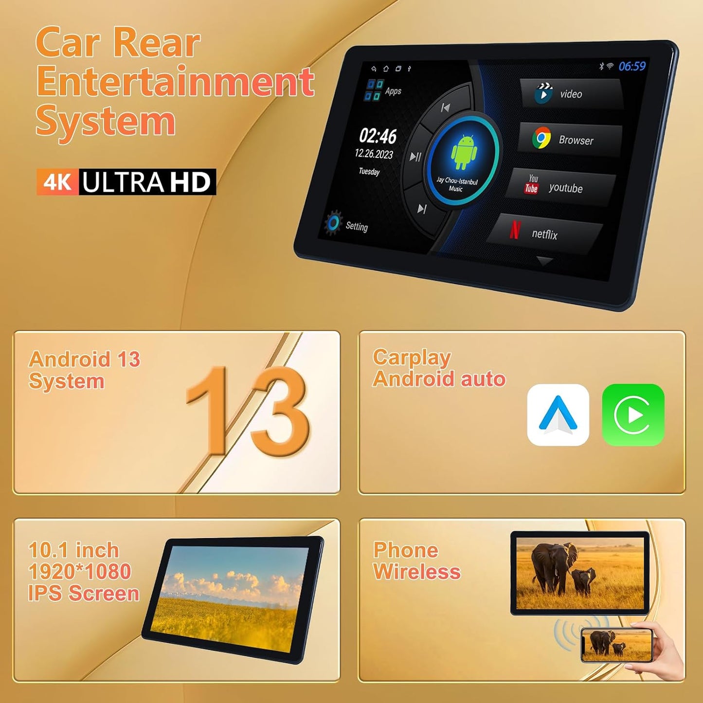 10.1" Car TV Headrest Monitor for Back Seat, Android Portable Rear Entertainment System , with WiFi/HDMI/USB/Video Player, 2G+32G