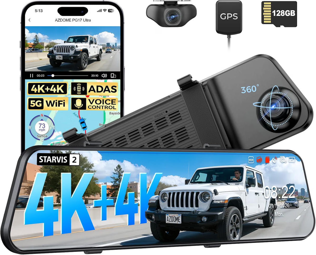AZDOME PG17 Ultra 4K+4K 2CAMERA Mirror Dash Cam, Rear View Mirror Camera
