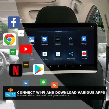 Universal 10.6-inch car headrest screen, 3+32GB ROM, Android 13 multimedia player, HDMI input for games and laptops, HDMI output for external screens, Bluetooth headset support