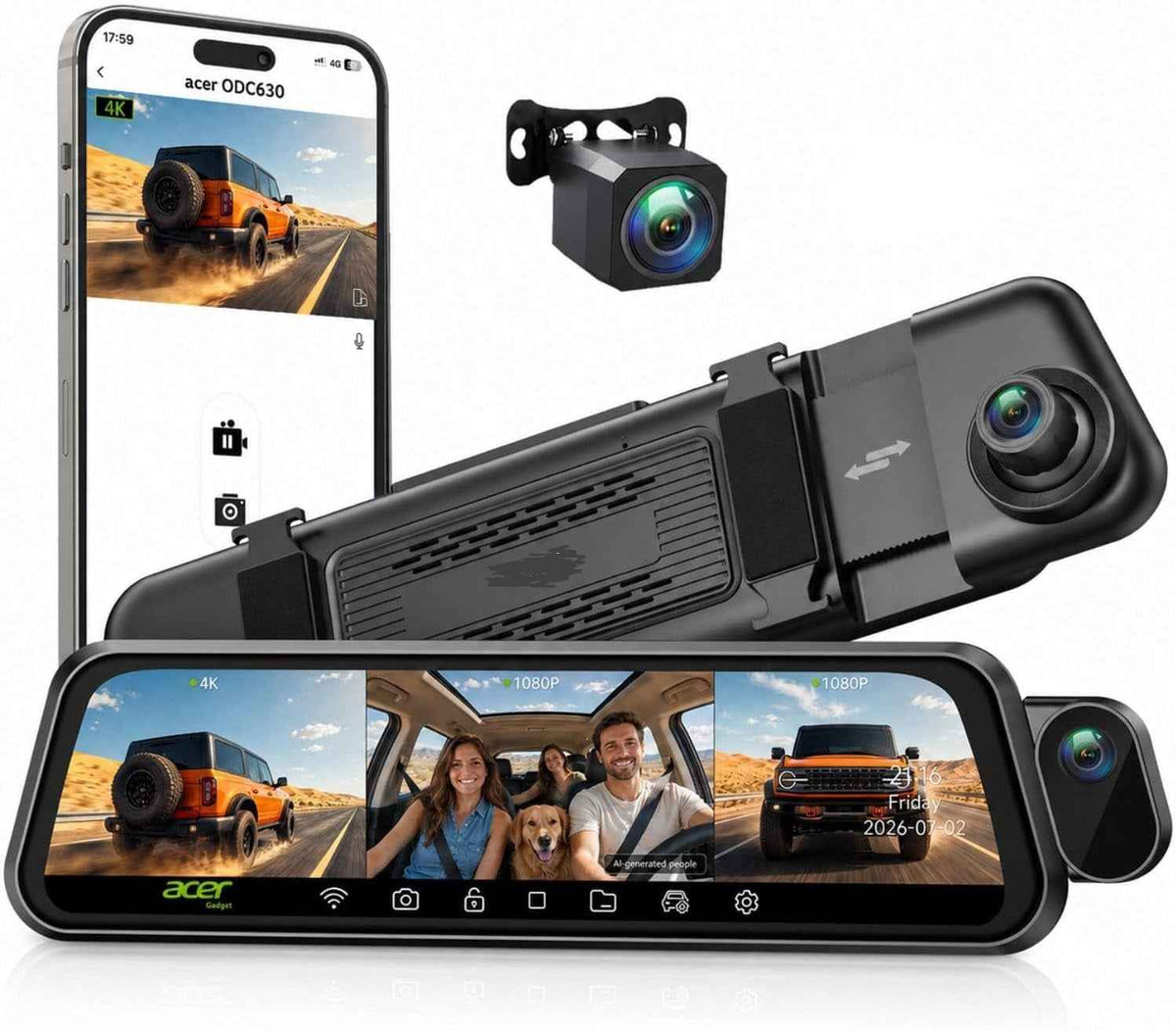 3 Channel 4K Rear View Mirror Camera, Q7 Mirror Dash Cam for Cars 4K Front, 1080P Cabin & Rear, 10" Touch Screen, Wi-Fi App, Night Vision, Parking Mode