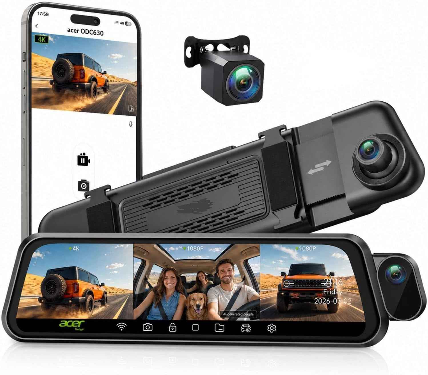3 Channel 4K Rear View Mirror Camera, Q7 Mirror Dash Cam for Cars 4K Front, 1080P Cabin & Rear, 10" Touch Screen, Wi-Fi App, Night Vision, Parking Mode