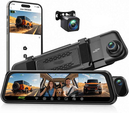 3 Channel 4K Rear View Mirror Camera, Q7 Mirror Dash Cam for Cars 4K Front, 1080P Cabin & Rear, 10" Touch Screen, Wi-Fi App, Night Vision, Parking Mode