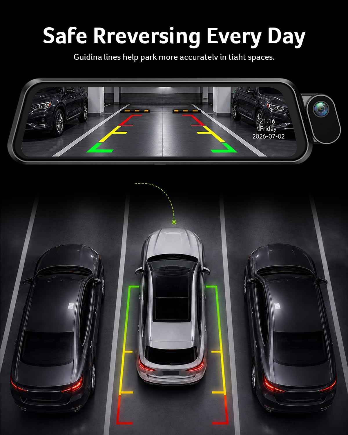 3 Channel 4K Rear View Mirror Camera, Q7 Mirror Dash Cam for Cars 4K Front, 1080P Cabin & Rear, 10" Touch Screen, Wi-Fi App, Night Vision, Parking Mode