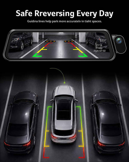 3 Channel 4K Rear View Mirror Camera, Q7 Mirror Dash Cam for Cars 4K Front, 1080P Cabin & Rear, 10" Touch Screen, Wi-Fi App, Night Vision, Parking Mode