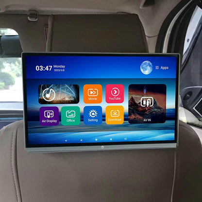 Universal 10.6-inch car headrest screen, 3+32GB ROM, Android 13 multimedia player, HDMI input for games and laptops, HDMI output for external screens, Bluetooth headset support