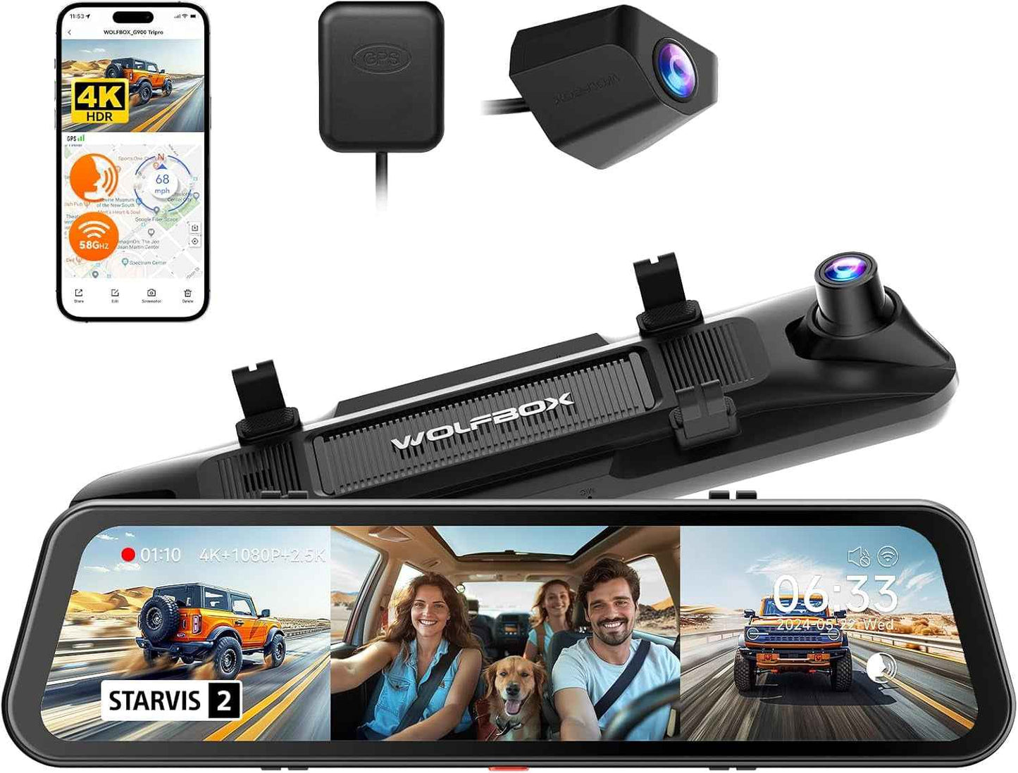 WOLFBOX G900 Tripro Cabin Version 2 Channel 4K Rear View Mirror Camera, STARVIS 2 IMX678 Night Vision,4K+1080P+2.5K Front Inside and Rear Mirror Dash Cam,5.8GHz WiFi,Voice Control