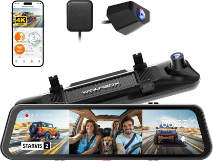 WOLFBOX G900 Tripro Cabin Version 2 Channel 4K Rear View Mirror Camera, STARVIS 2 IMX678 Night Vision,4K+1080P+2.5K Front Inside and Rear Mirror Dash Cam,5.8GHz WiFi,Voice Control