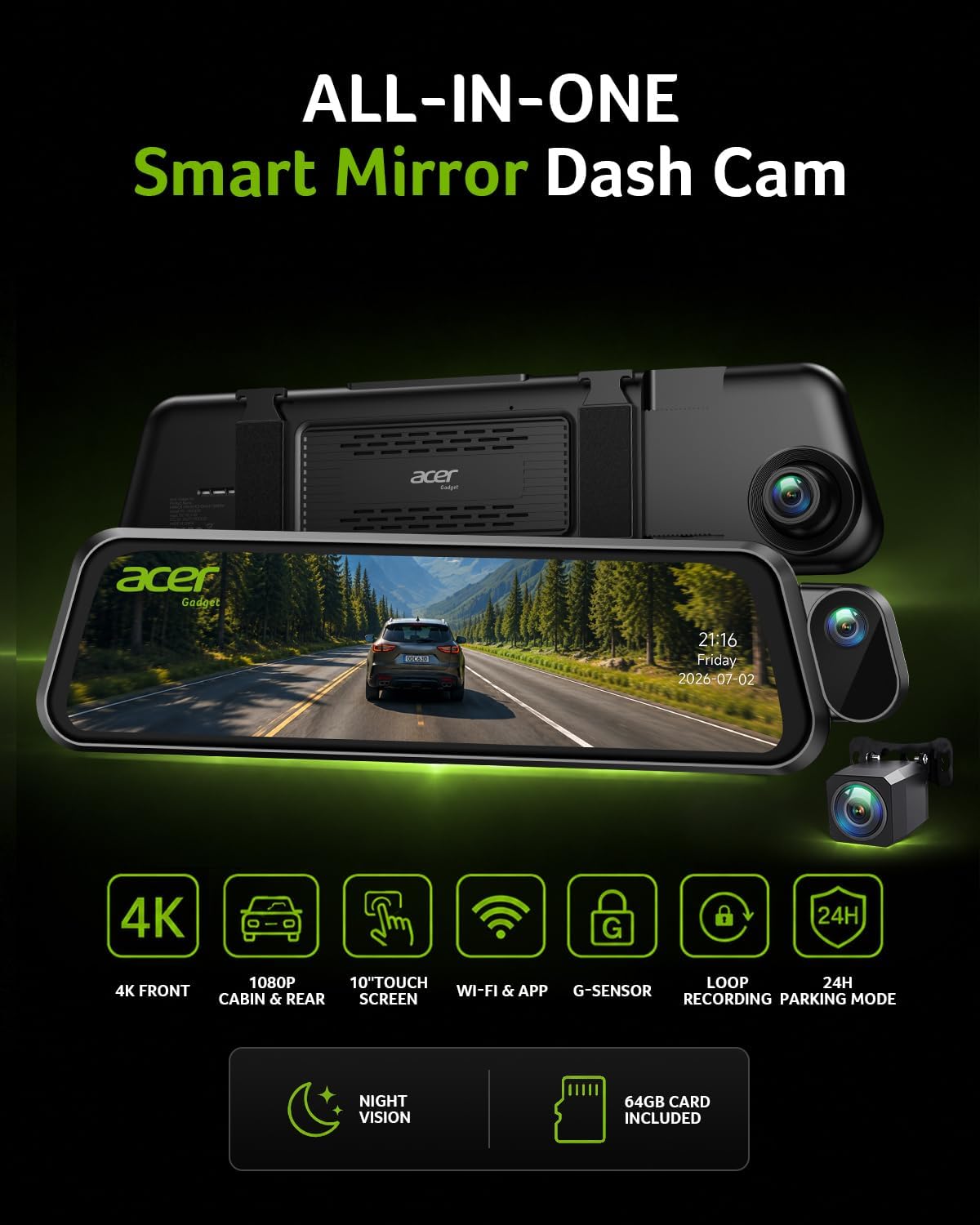 DASHCAM 3 Channel X3 Q7 4K Rear View Mirror Camera, Q7 Mirror Dash Cam for Cars 4K Front, 1080P Cabin & Rear, 10" Touch Screen, Wi-Fi App, Night Vision, Parking Mode