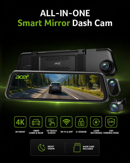DASHCAM 3 Channel X3 Q7 4K Rear View Mirror Camera, Q7 Mirror Dash Cam for Cars 4K Front, 1080P Cabin & Rear, 10" Touch Screen, Wi-Fi App, Night Vision, Parking Mode