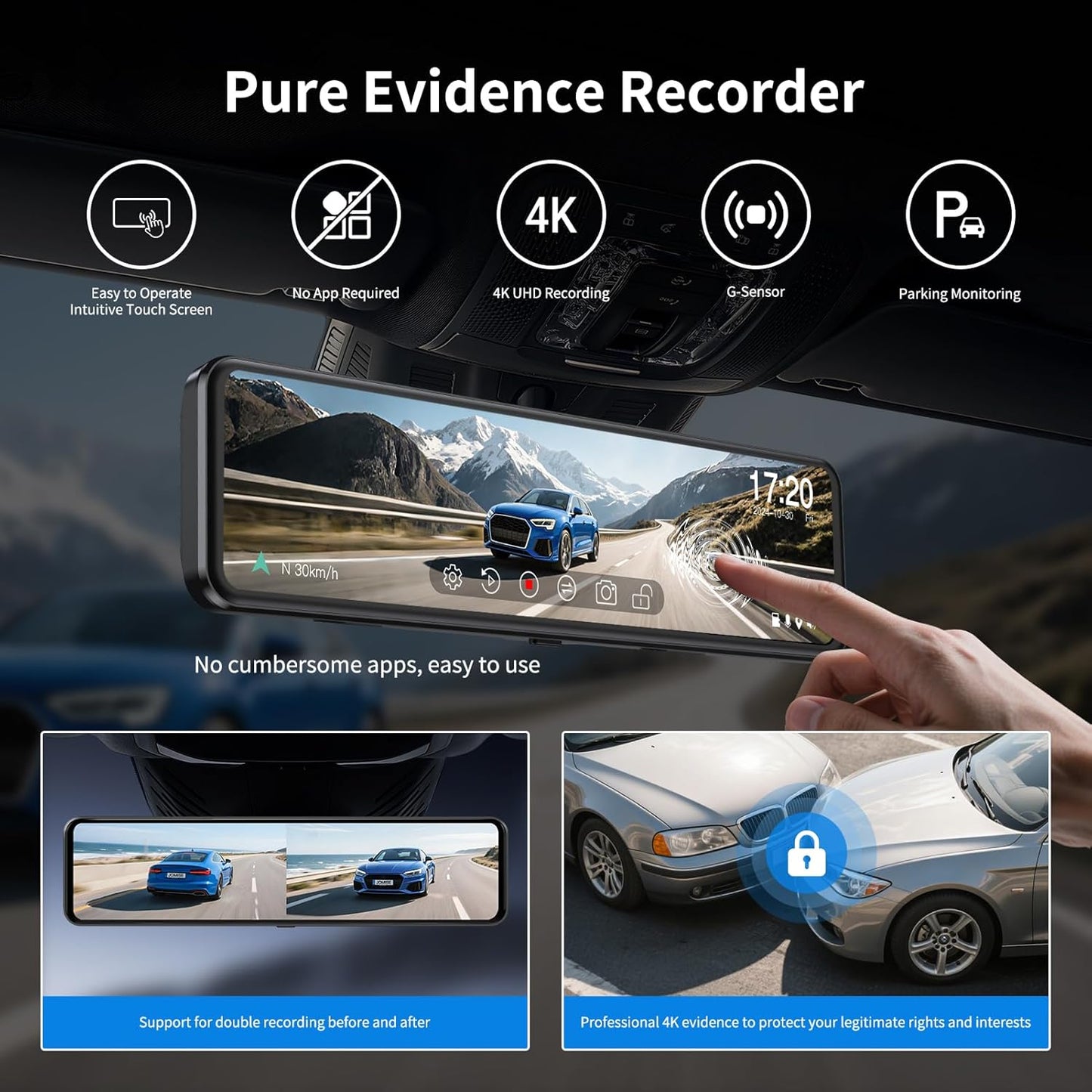 DASH CAM MIRROR FULL SCREEN DUAL CAMERA 4K WDR (MR 2CAM) FIVE STAR PLUS 2CH