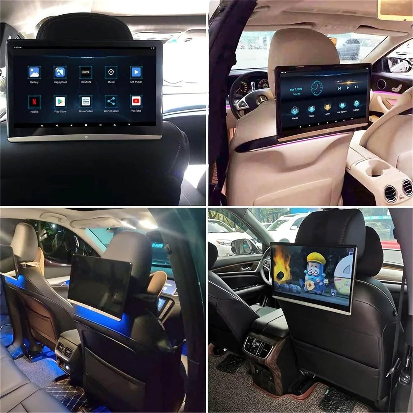 Universal 10.6-inch car headrest screen, 3+32GB ROM, Android 13 multimedia player, HDMI input for games and laptops, HDMI output for external screens, Bluetooth headset support