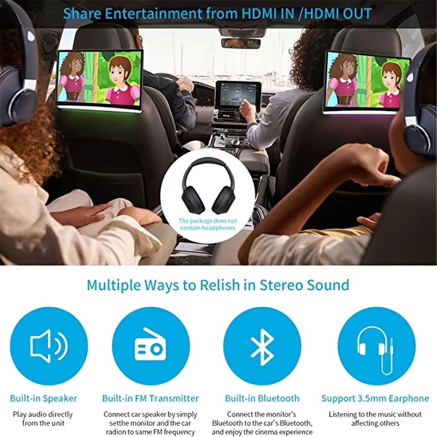 Universal 10.6-inch car headrest screen, 3+32GB ROM, Android 13 multimedia player, HDMI input for games and laptops, HDMI output for external screens, Bluetooth headset support