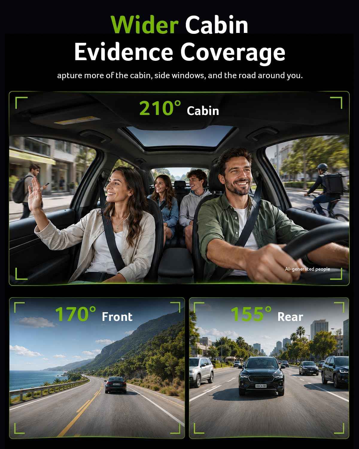 3 Channel 4K Rear View Mirror Camera, Q7 Mirror Dash Cam for Cars 4K Front, 1080P Cabin & Rear, 10" Touch Screen, Wi-Fi App, Night Vision, Parking Mode