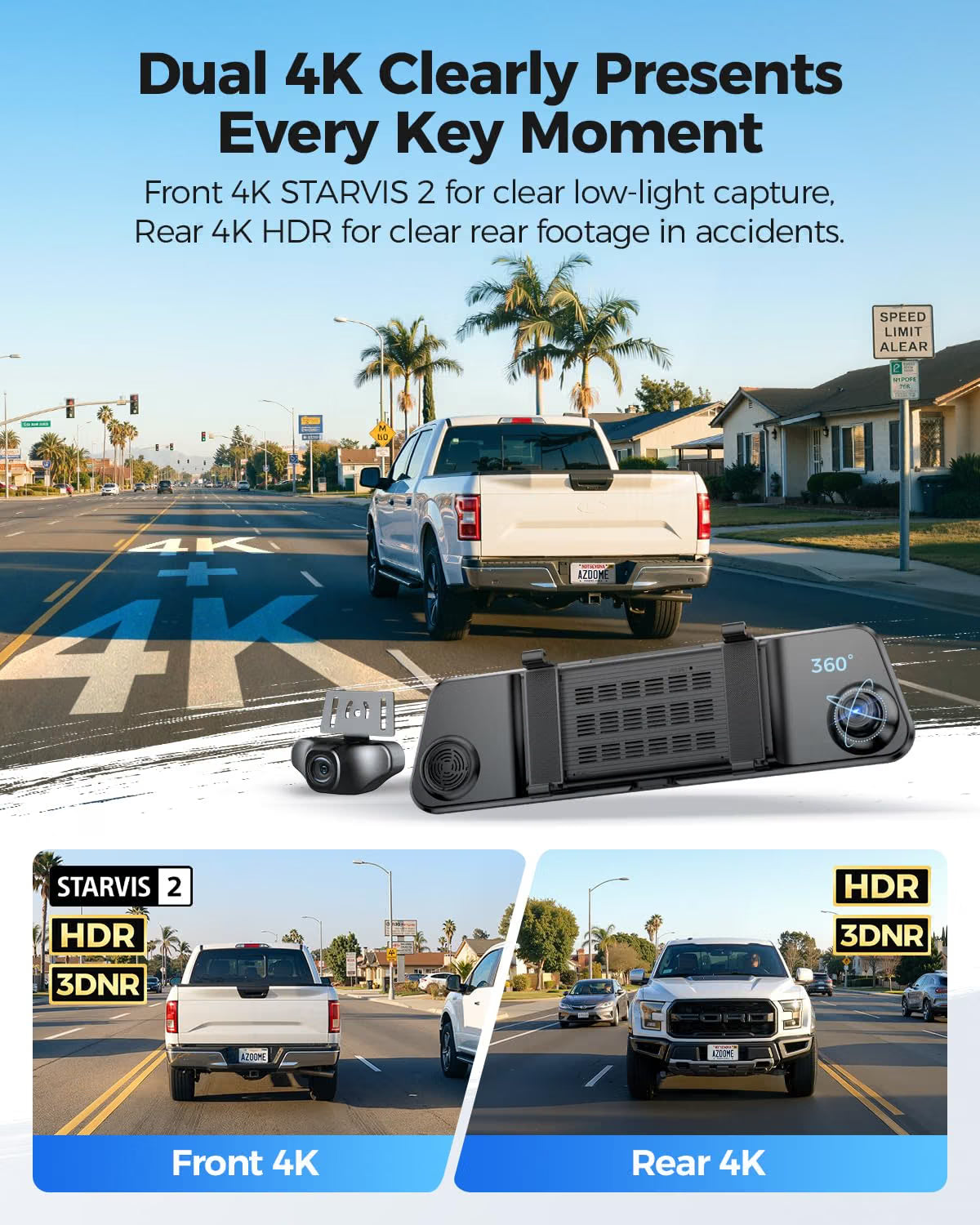 AZDOME PG17 Ultra 4K+4K 2CAMERA Mirror Dash Cam, Rear View Mirror Camera