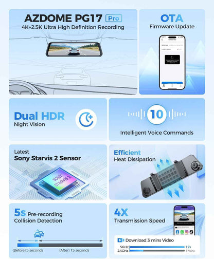 AZDOME PG17 PRO NEW 11.8" 4K Dual Camera Dash Cam - Enhanced Driving Safety and Clarity