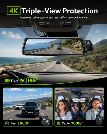 DASHCAM 3 Channel X3 Q7 4K Rear View Mirror Camera, Q7 Mirror Dash Cam for Cars 4K Front, 1080P Cabin & Rear, 10" Touch Screen, Wi-Fi App, Night Vision, Parking Mode