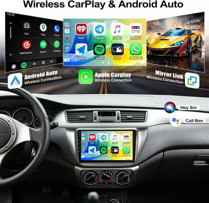 Mitsubishi Lancer 2002-2007 with Wireless Apple CarPlay & Android Auto & YouTube, 9 Inch IPS Touchscreen Car Radio with Bluetooth