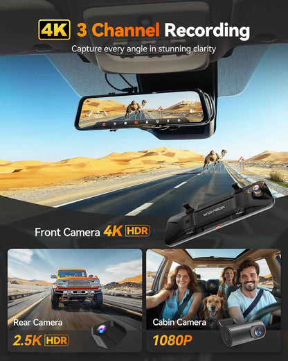 WOLFBOX G900 Tripro Cabin Version 2 Channel 4K Rear View Mirror Camera, STARVIS 2 IMX678 Night Vision,4K+1080P+2.5K Front Inside and Rear Mirror Dash Cam,5.8GHz WiFi,Voice Control
