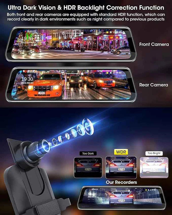 AZDOME AR09 DASHCAM 2CH 4K + 1080P MIRROR DASHCAM داش كام ماركة ازدوم حجم الشاشه 9.6 انش کامیرا امامی (4K) فور كي خلفيه فل اتش دي مع  (السعر 30 شامل ترکیب)