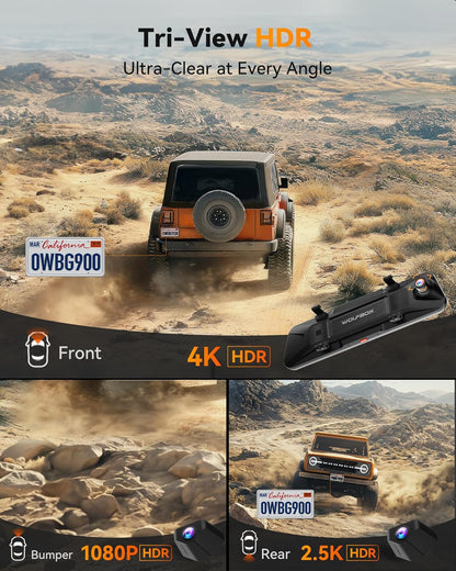 WOLFBOX G900 TRIPRO 4K+1080P+2.5K 3CH 12” MIRROR DASH CAM W/ SONY STARVIS 2 IMX678 & 5G WiFi