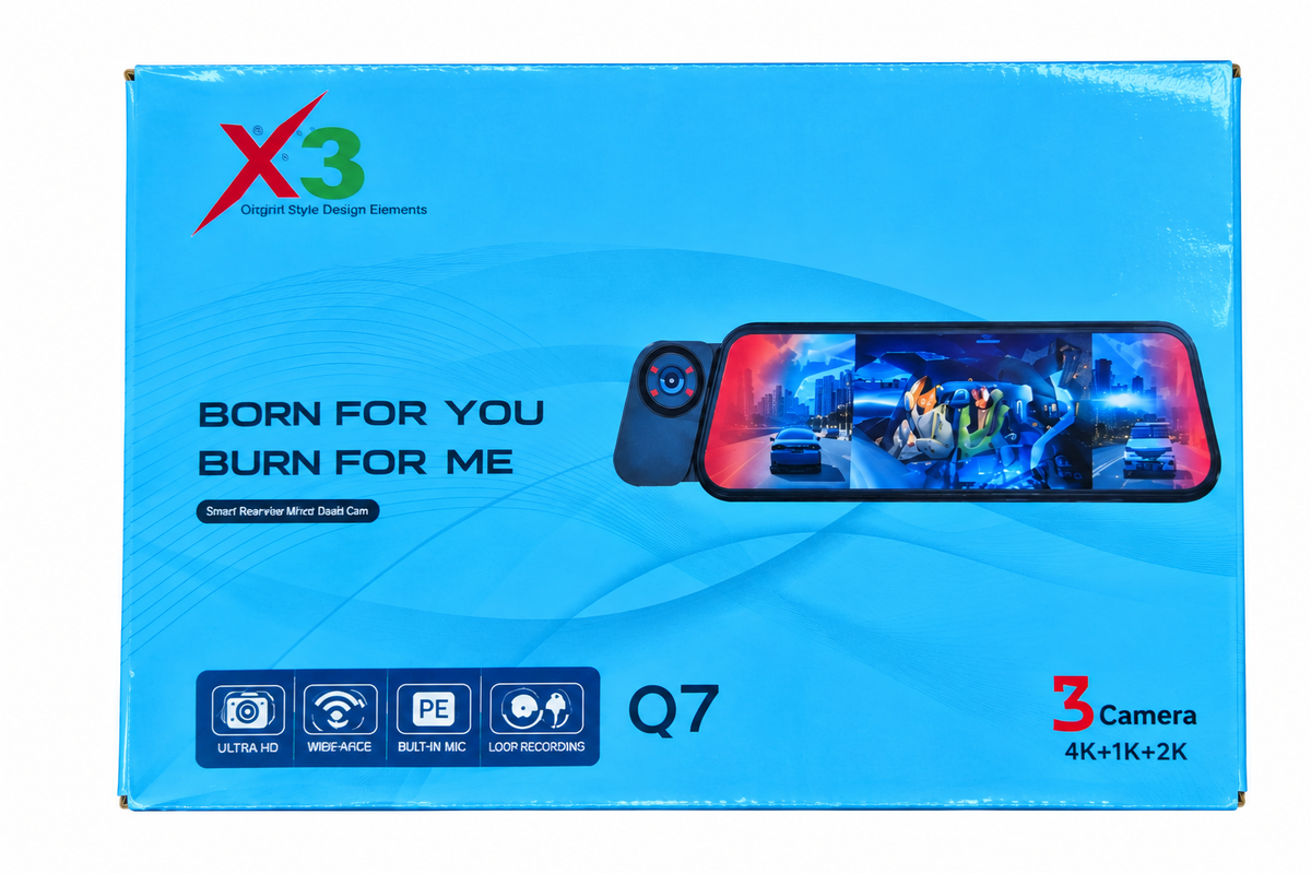 DASHCAM 3CH Q7 4K X3 Rear View Mirror Camera Q7 10" Touch Screen, Wi-Fi App, Night Vision, Parking Mode