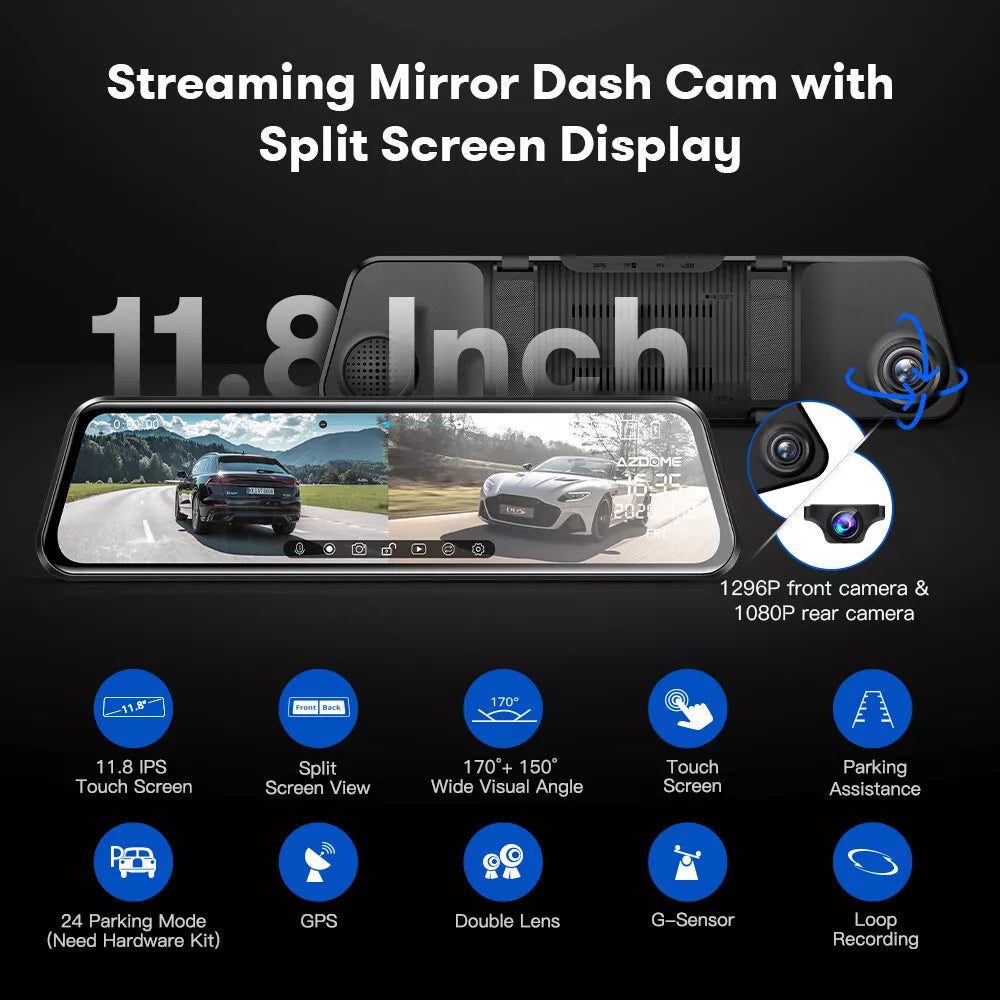 Azdome PG17 2CH Mirror Dash Cam 4K with 12" Touch Screen 64GB منظرة الداش كام الذكية أزدوم