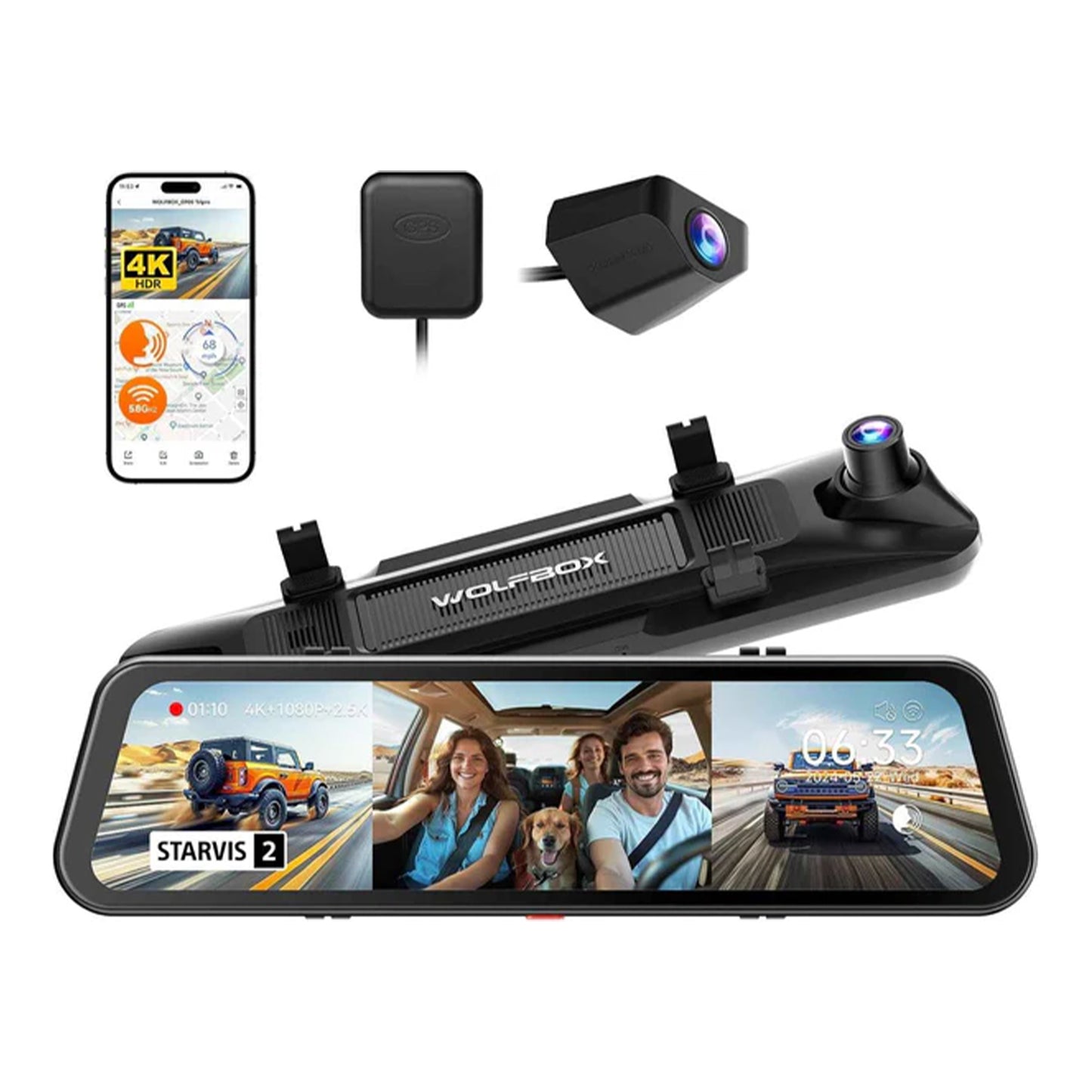 WOLFBOX G900 Tripro Cabin Version 2 Channel 4K Rear View Mirror Camera, STARVIS 2 IMX678 Night Vision,4K+1080P+2.5K Front Inside and Rear Mirror Dash Cam,5.8GHz WiFi,Voice Control